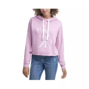 Calvin Klein Distressed Logo Crop Pullover Hoodie Pink Size LARGE